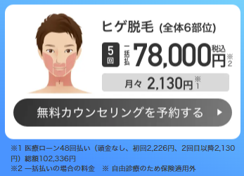 ヒゲ脱毛全体6部位　5回78,000円